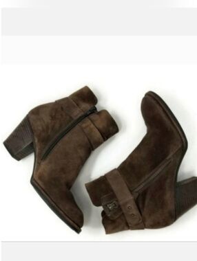 Paul Green Dallas Suede Ankle Strap Zip Stacked Heel Boot Brown Women's 7